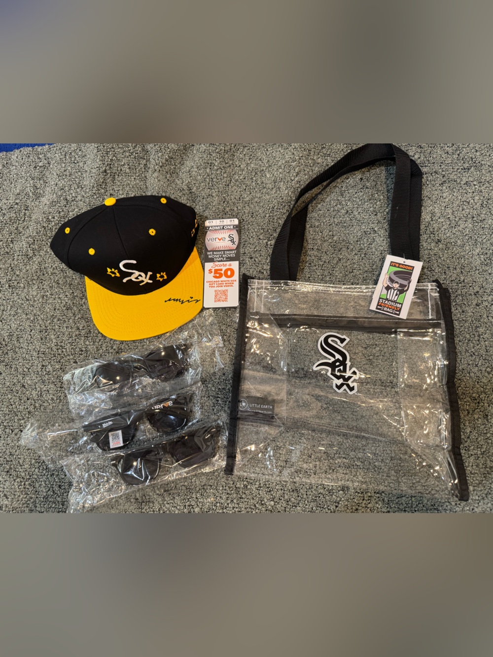 Black & Yellow Baseball Cap and Clear Tote Set, w/ sunglasses MLB White Sox